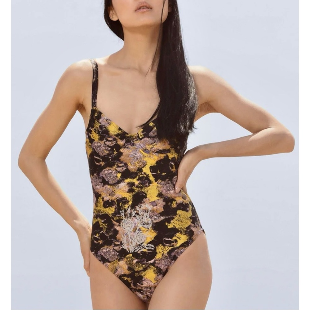 Cynthia Rowley SS19 Black Yellow Pink Floral One Piece Swimsuit Swim Suit sz M
